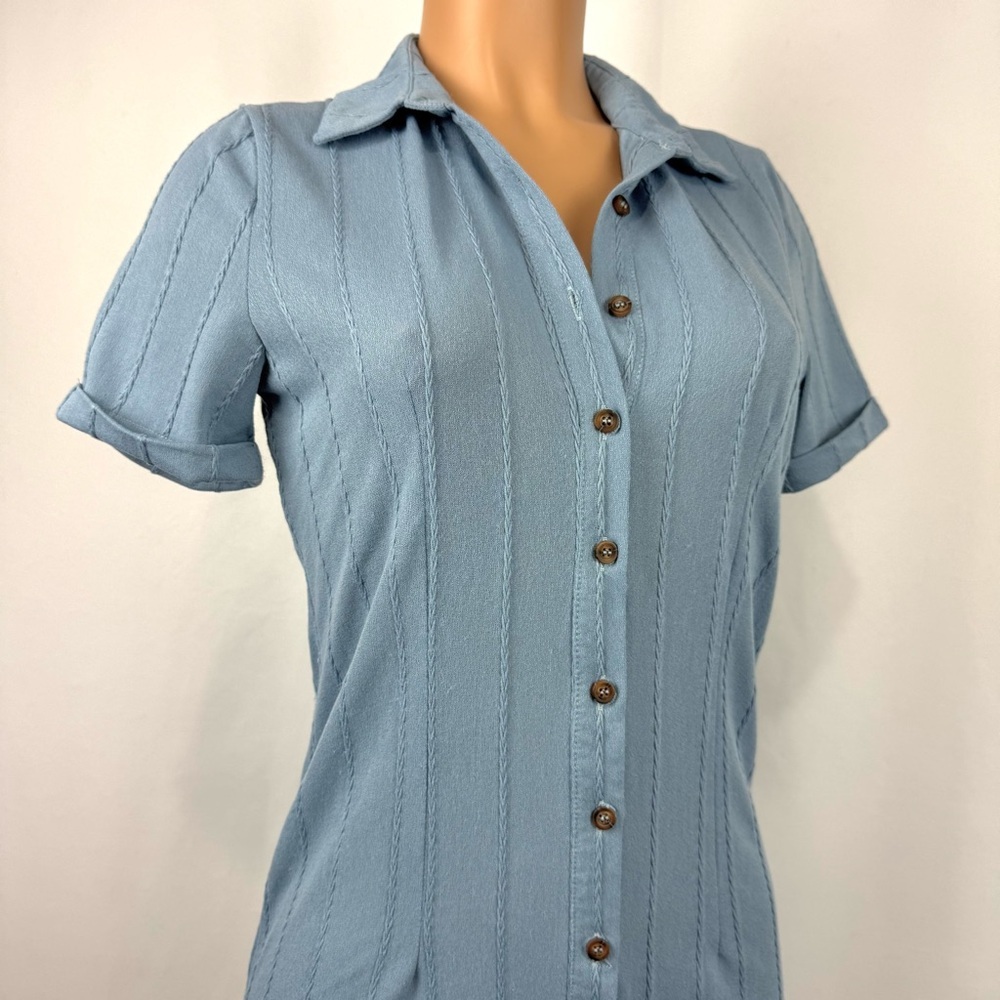 SkyLar Rose Dust Blue Maxi Buttoned Tunic Dress /Duster High Cut Side Slits Sz S - Picture 3 of 13